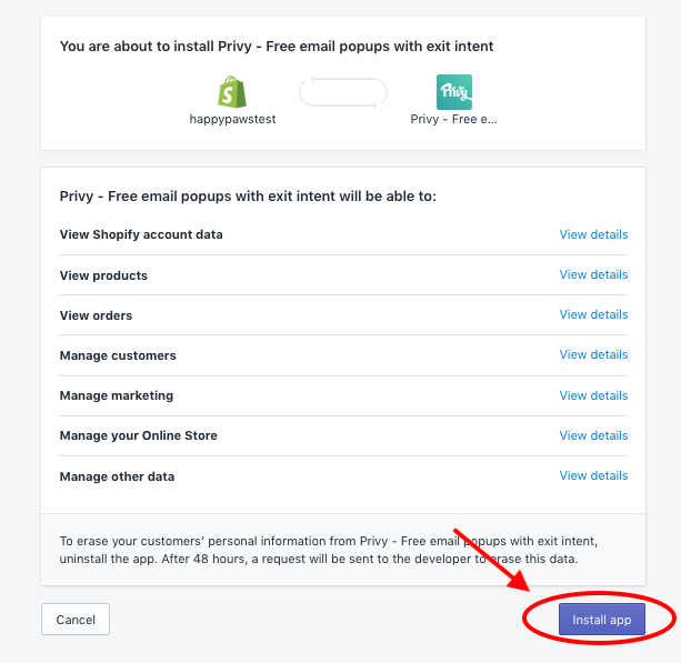 installing shopify apps privy dashboard settings