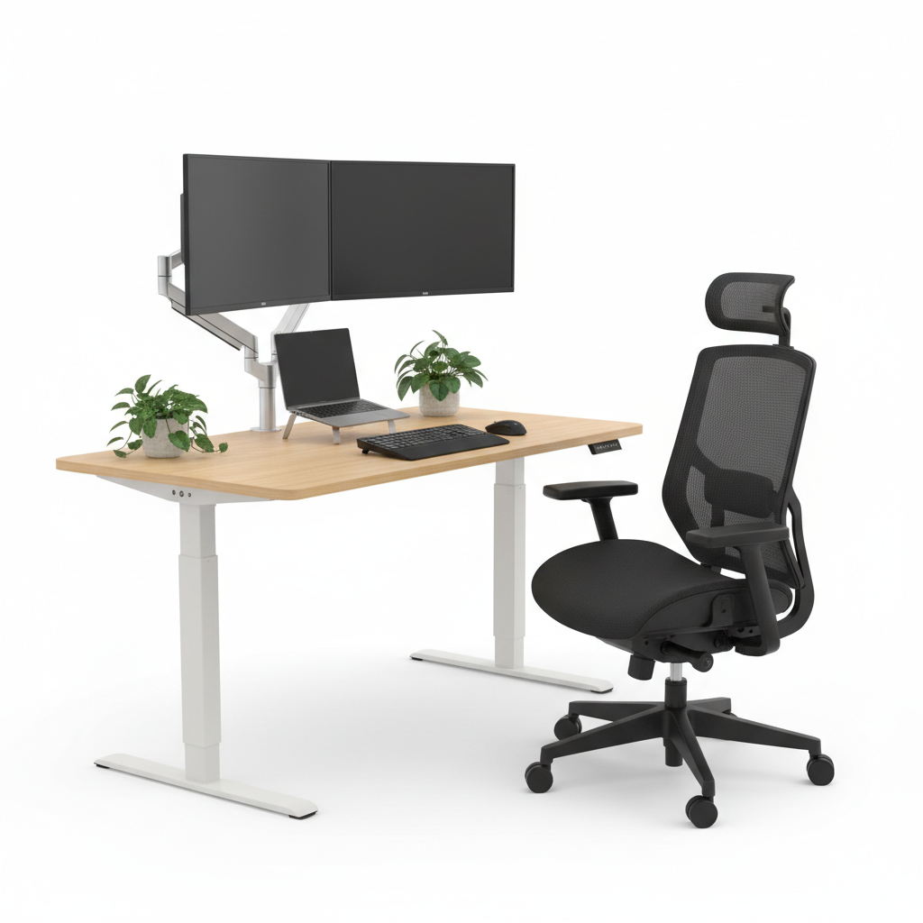 Standing desk with chair and 2 monitors